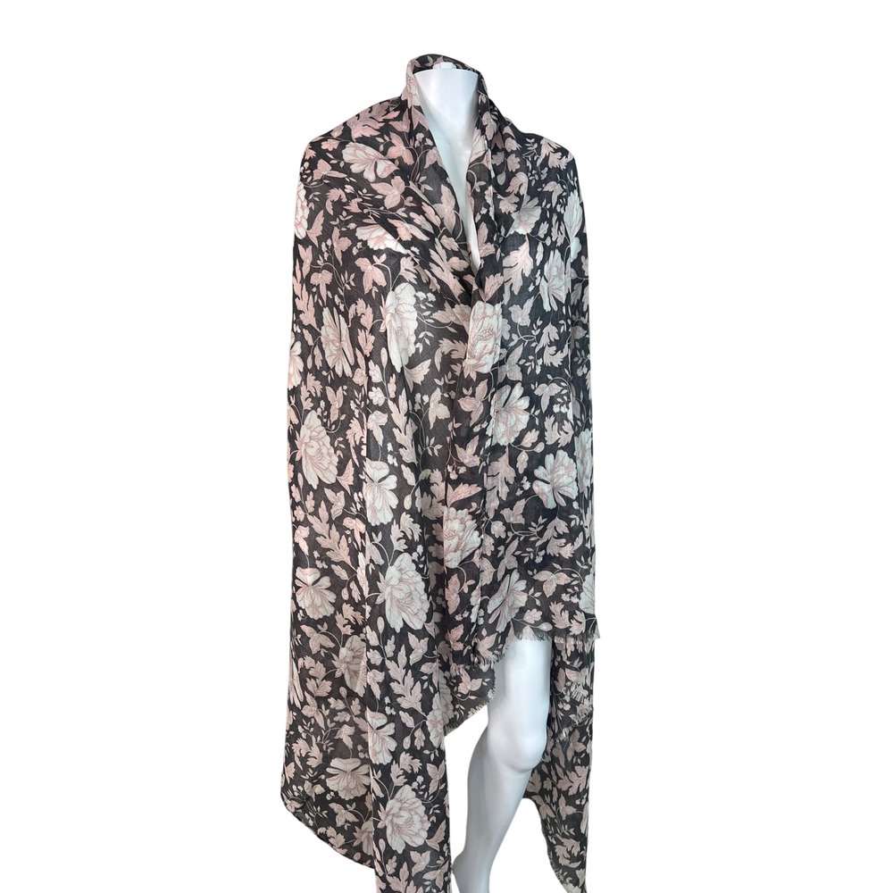 Womens Large Floral Wrap Scarf Charcoal Pink Eyelash Fringe Shawl 72x46